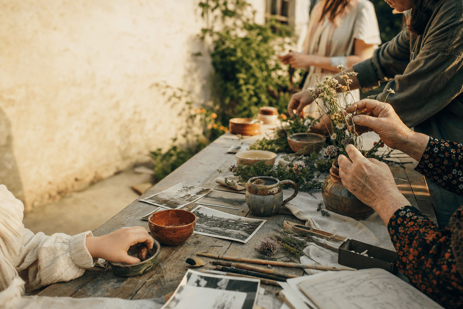 Trei generații creează împreună, la o masă cu flori, ceramică și fotografii vechi
